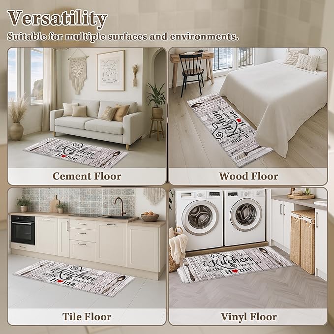 Arttown Farmhouse Anti-Fatigue Kitchen Rug Set of 2, Waterproof Non-Slip PVC Foam Cushioned Mats, Brown Grey Vintage Heart Home Style