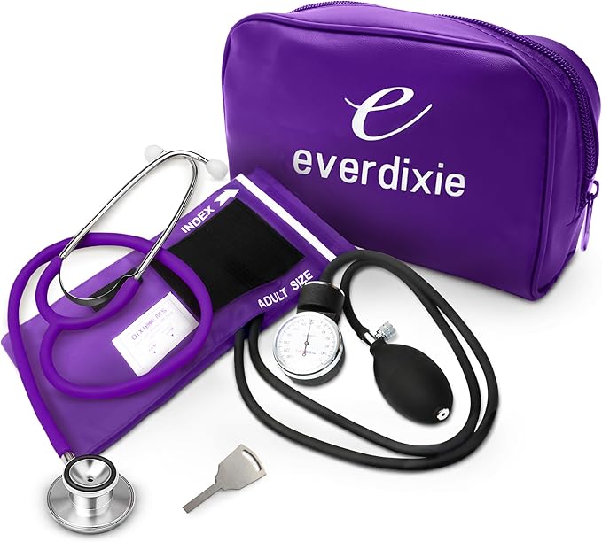 Dixie EMS Aneroid Sphygmomanometer and Dual Head Stethoscope Set with Adult Size Blood Pressure Cuff, Calibration Key and Carrying Case – Purple