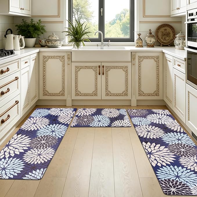 PVC Anti-Fatigue Kitchen Mats Set of 3, Non-Slip Kitchen Rugs, Comfort Standing Runner Rug, Multipurpose Indoor Mats for Laundry, Office, Bedroom, Sink, Bathroom, Dark Blue