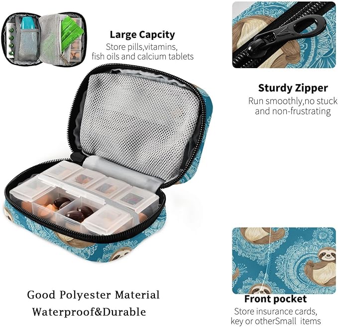 Fustylead Cute Sloths on The Round Ornaments of Mandalas Travel Pill Organizer Case Zipper for Purse with Removable Weekly Pill Box for Medicine, Vitamin, Supplement Medicine Organizer