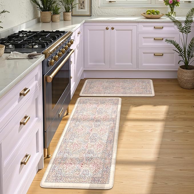 Collive Anti Fatigue Mats for Kitchen Floor, Cushioned Comfort Kitchen Rugs Sets of 2 Waterproof Non Skid Padded Sink Rugs, Pink/Blue Floral Rug Standing Mat for Laundry, Home Office Decor