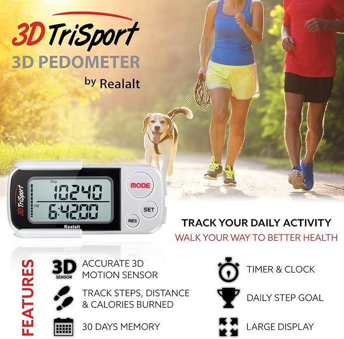 Realalt 3DTriSport 3D Walking Pedometer with Clip & Strap, Accurate Step Counter with 30-Day Memory, Distance in Miles/KM with Large Display Perfect for Seniors & Beginners, eBook Included