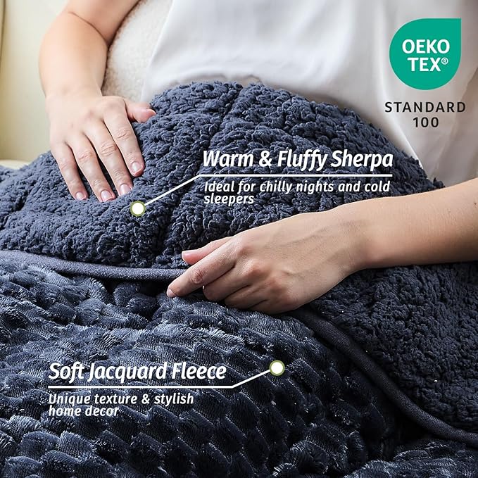 Wemore Fleece Weighted Blanket for Adults (48" x 72" 15lbs, Grey-Blue), Dual Sided Cozy Soft Sherpa Heavy Blanket, 3D Imitation Turtle Shell Warm Jacquard Flannel Weighted Blankets for Couch and Bed