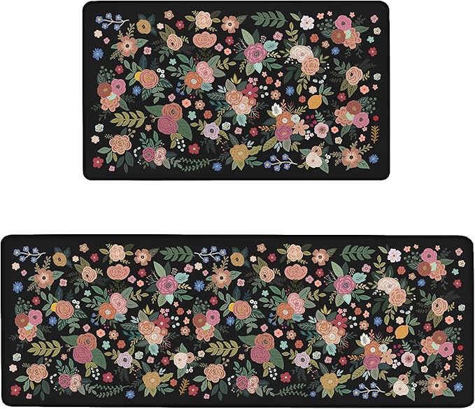 Anti Fatigue Boho Kitchen Rugs Set of 2, Floral Kitchen Mats for Floor, Farmhouse Kitchen Decor, Anti-Slip and Anti-Fatigue Foam Standing Mat,17x30 inch Sink Mat+17x48 inch Runner Rug Black