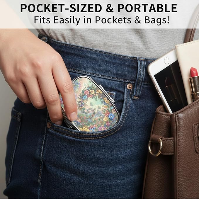 Square Pill Case Small Pill Box with Mirror Pocket 2 Compartment Vitamin Pill Medicine Case Organizer Pill Containers for Traveling Blooming Flower Three