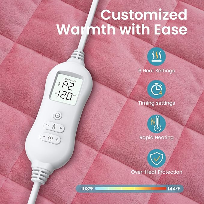 NOWWISH 5lbs Weighted Heating Pad for Women, Electric Heated Weighted Blanket with 6 Heat Settings, Timer & Auto Shut-Off, Relief for Period Cramps, Back Pain, Lap, Machine Washable, 29x24 inch, Pink