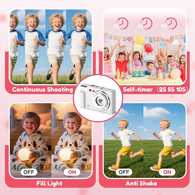 Digital Camera, FHD 4K Digital Point and Shoot Camera with 16X Zoom Anti Shake, 48MP Compact Small Camera with 32GB Card for Boys Girls Kids Snow White