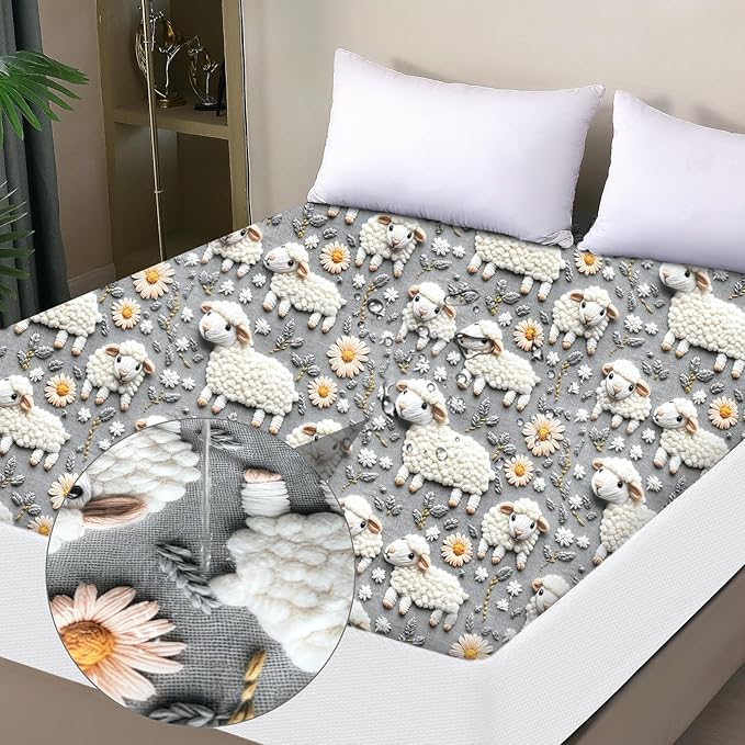 Waterproof Mattress Protector King, Fitted Sheet Style Breathable Mattress Cover with Deep Pocket Fits Up to 18'', Noiseless Bed Cover for Kids Adults Pets, Machine Washable (Sheep, King)
