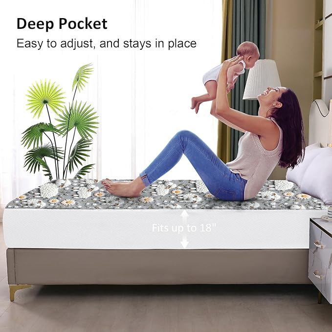 Twin Mattress Protector Waterproof, Fitted Sheet Style Breathable Mattress Cover with Deep Pocket Fits Up to 18'', Noiseless Bed Cover for Kids Adults Pets, Machine Washable (Sheep, Twin)