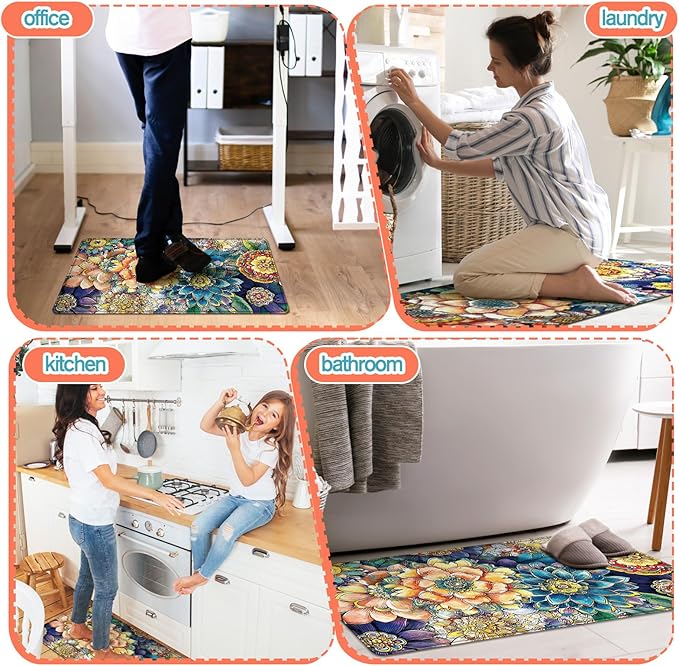 Dunzy 3 Pcs Spring Boho Floral Anti Fatigue Kitchen Mats for Floor Vintage Floral Cushioned Foam Mat Non Slip Waterproof Standing Rug Set for Sink Laundry Home, 17" x 29" 17" x 47" 17" x 59"(Boho)