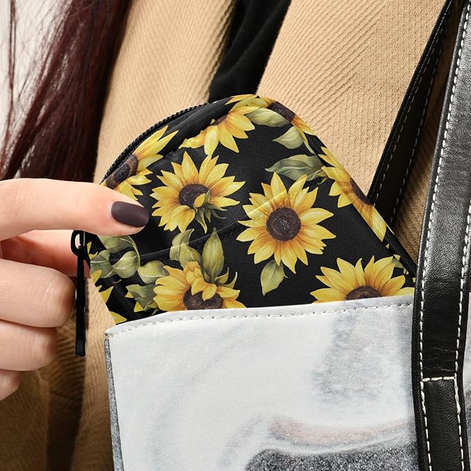 Fustylead Vibrant Yellow Sunflowers on Black Background Pill Organizer Case with Zipper 2 Times A Day for Vitamin and Supplement, 7 Day Travel Organizer Medicine Case