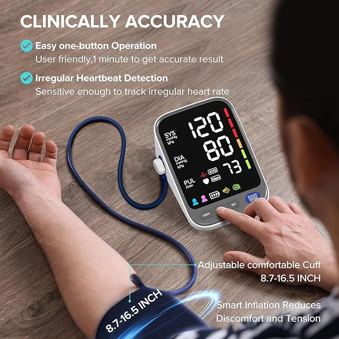 WAJ Automatic Upper Arm Blood Pressure Monitor for Home Use, 6.4 Inch LED Backlit Display, 8.6"-16.5" Adjustable Cuff, 2x120 Reading Memory, Accurate BP Machine with Hypertension Indicator, White