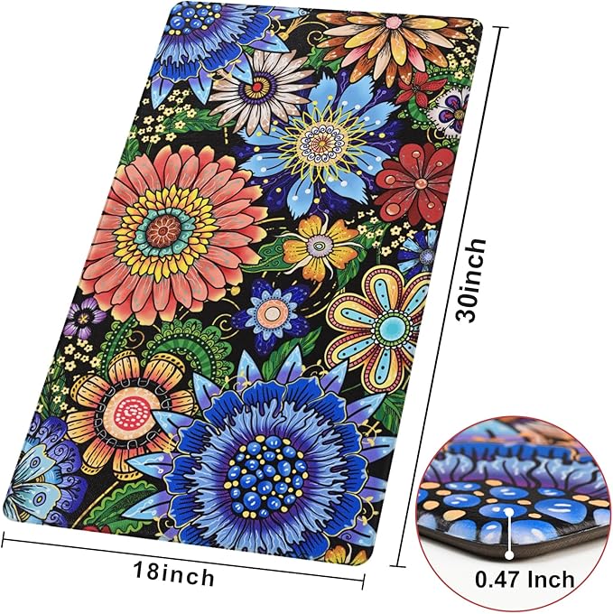 Likiyol Kitchen Rugs Boho Floral Anti Fatigue Kitchen Mat for Floor Bohemian Flowers Non Slip Washable Kitchen Floor Mats, Comfort Standing Mat for Sink, Office, Laundry, 18''x30'', 0.47" Th, Blue