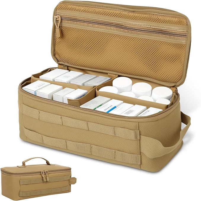First Aid Bag Empty,Travel Bag Empty Pill Box Organizer, Portable Travel Pill Bottle Organizer for Home Outdoor Emergency Traveling(brown,13.78 x 5.91 x 4.72 in)