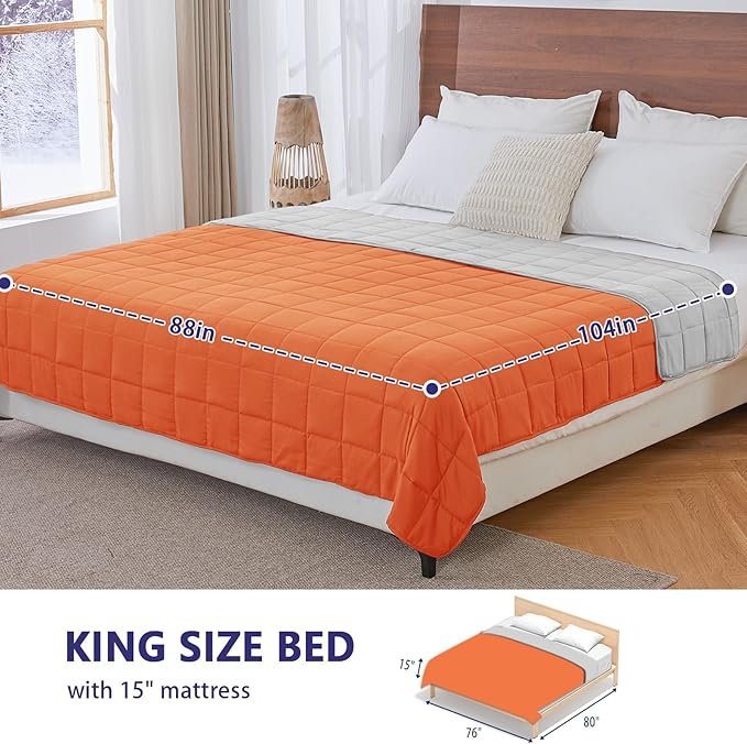 yescool Weighted Blanket for Adults (25 lbs, 88” x 104”, Orange) Cooling Heavy Blanket for Sleeping Perfect for 240-260 lbs, King Size Breathable Blanket with Premium Glass Bead