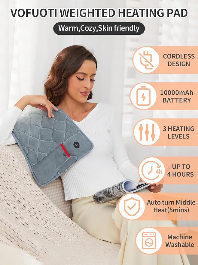 Vofuoti Portable Heating Pad, Cordless Weighted Heating Pads with 10000mAh Battery and 3 Heat Settings, Electric Heated Pad for for Back, Abdomen, Neck & Shoulder, Gift for Family, 12" x 24"