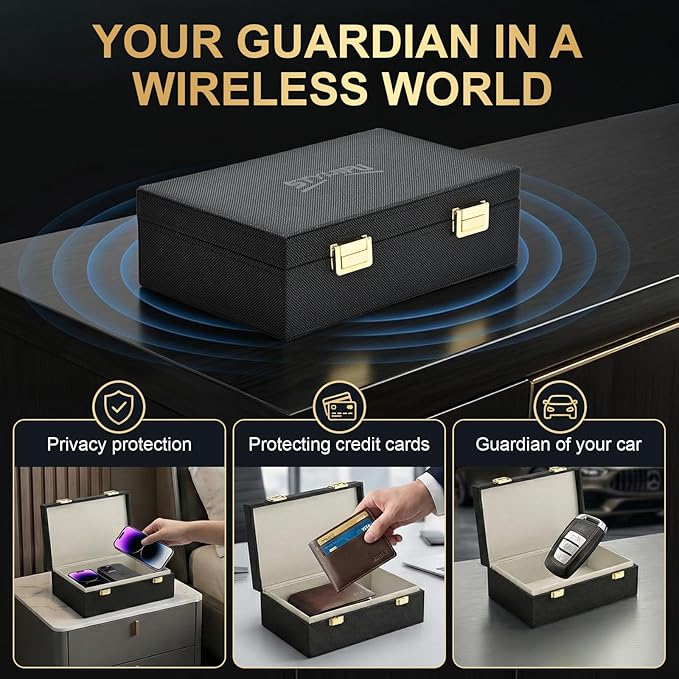 Faraday Box for Car Keys & 2 Faraday Bags, Key Fob Signal Blocker Box, Premium Rfid Blocking Box & Rfid Pouch, Keyless Entry Car Key Fob Protector Shielding Cage Black - 8.38" x5.15" x 2.76"