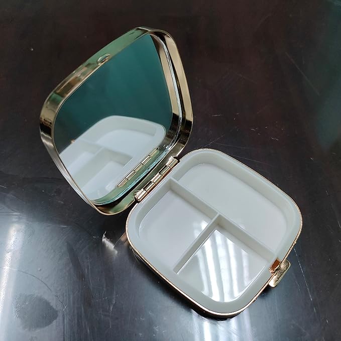 Fashion Elegant Medicine Portable Double Protection Switch Metal Travel Pill Box with Mirror (Small, 3 compartments, Gold)