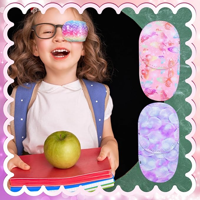 Newcotte 12 Pcs Eye Patch for Kids Toddler Reusable Adjustable Girls Boys Eyepatch for Glasses Left or Right Eye Patch, Assorted Patterns(Mermaid)