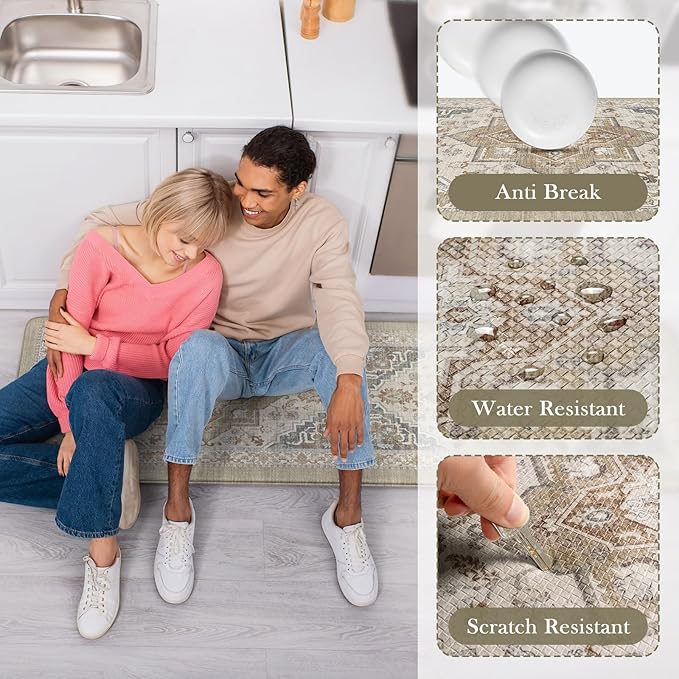 Kitchen Mats Cushioned Anti Fatigue Mats for Kitchen Floor, Non-Skid Waterproof Kitchen Rugs Padded Comfort Standing Desk Mat for Home Office Laundry Sink(Tan & Grey)