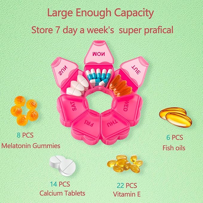 Large Weekly Pill Organizer,7 Day Cute Heart Pill Organizer,Weekly Container for Fish Oil/Medicine/Supplements (Yellow2+Purule2)