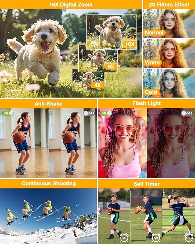 4K Digital Camera for Photography, 48MP Dual Cameras for Photography, 16X Digital Zoom Point and Shoot Cameras with 32GB Card & 2 Batteries Camera for Boys Girls Kids - White
