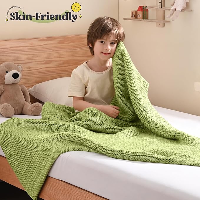Guohaoi Knitted Weighted Blanket Kids (Light Green 50"x60" 7lbs) No Beads Cooling Heavy Blanket, Home Decor Breathable Chunky Knit Throw Blanket for All-Season Use