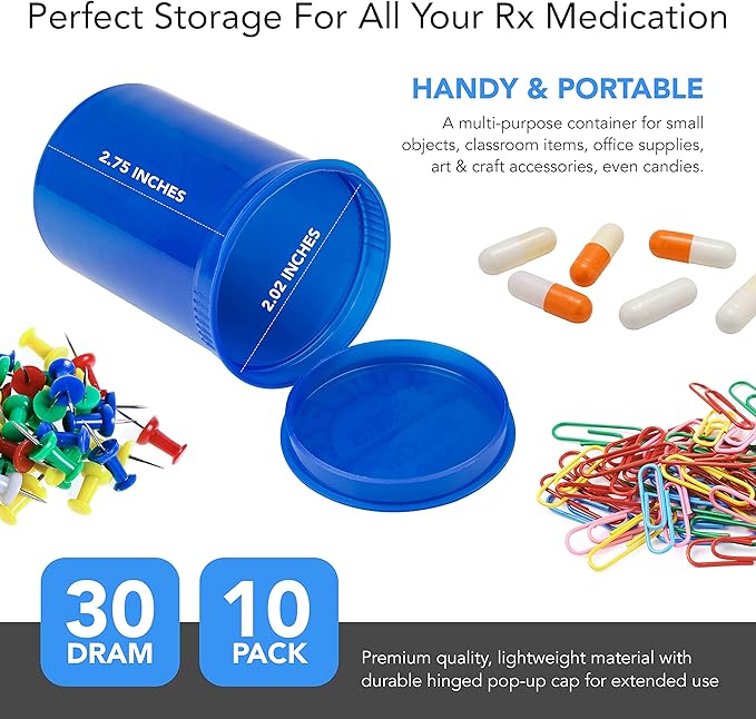 Top Class Ventures Large Empty Pill Bottles with Caps - Airtight 30 Dram Pop Top Bottles - Prescription Medicine Container - for Herbs, Candy, Crafts, and More - 10 Pack Transparent Multi Color