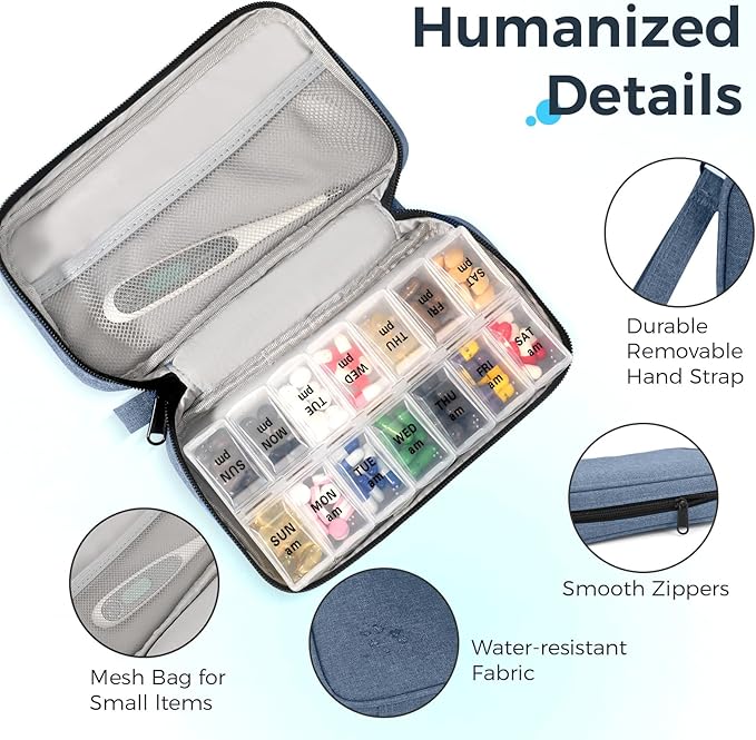 Weekly Pill Organizer 2 Times a Day, Travel Pill Box 7 Day with Large Opening, Pill Case with Handle, Pill Dispenser Medicine Organizer for Vitamins, Fish Oils, Medications, Supplements(Black, Large)