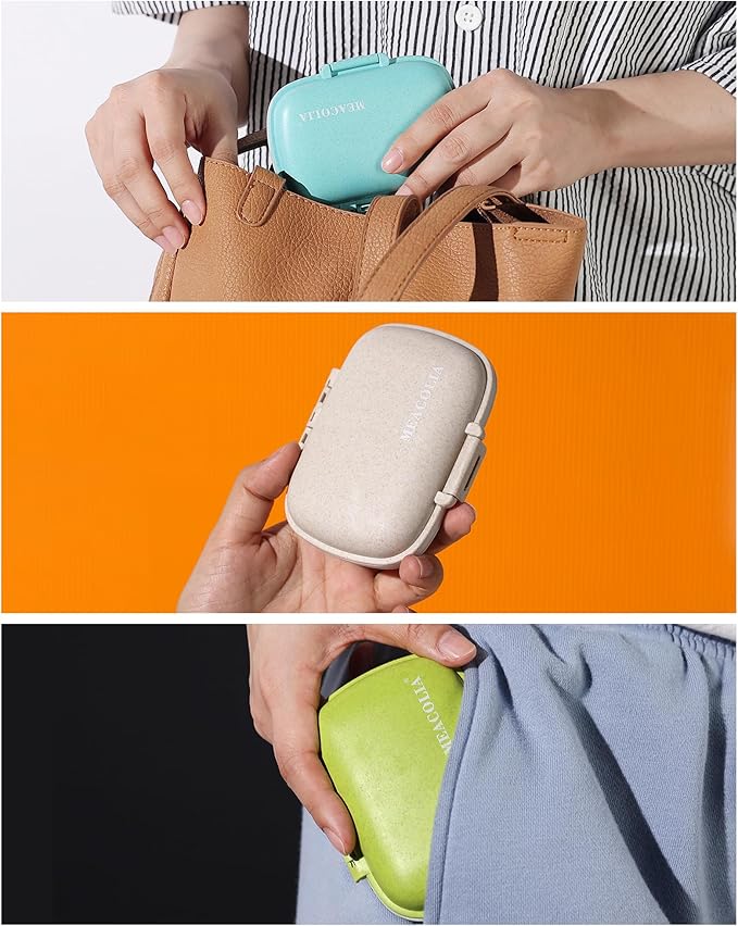 MEACOLIA 3 Pack 8 Compartments Travel Pill Organizer, Daily Pill Case Small Pill Box for Pocket Purse, Portable Pill Container Medicine Vitamin Organizer (Blue, Green, Khaki)
