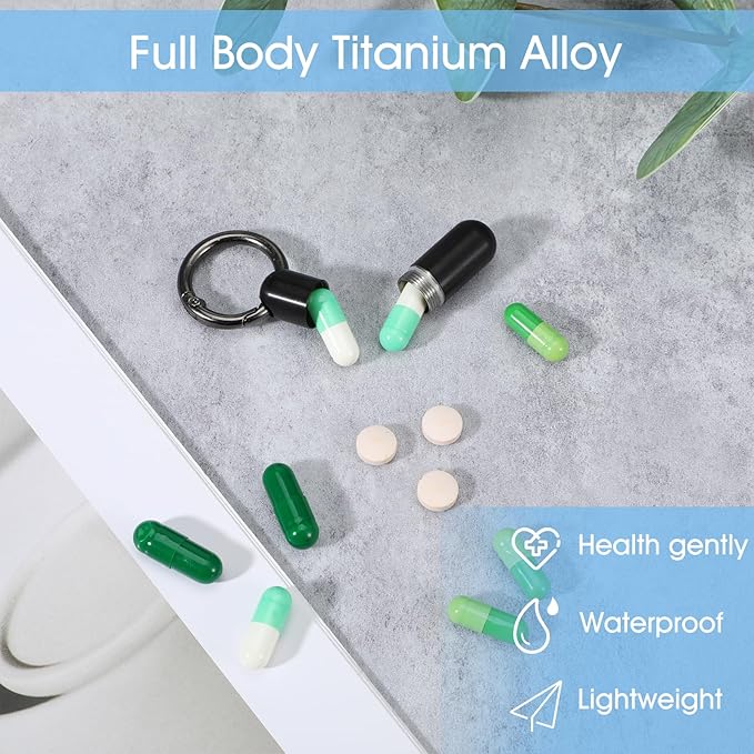 Small Pill Case Keychain Tiny Portable Pill Carabiner Clip Holder Bottle Micro Waterproof Metal Container Mini Emergency Medicine Organizer for Outdoor Camping Travel Purse Pocket(Black)