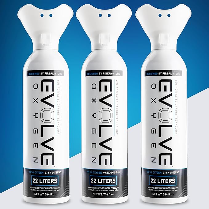 EVOLVE 22-Liter Pure Oxygen Canister with Breathing Cup | Portable Oxygen Can | Ideal for Home Use and Outdoor Activities | Designed by Firefighters | Made in The USA | Pack of 3