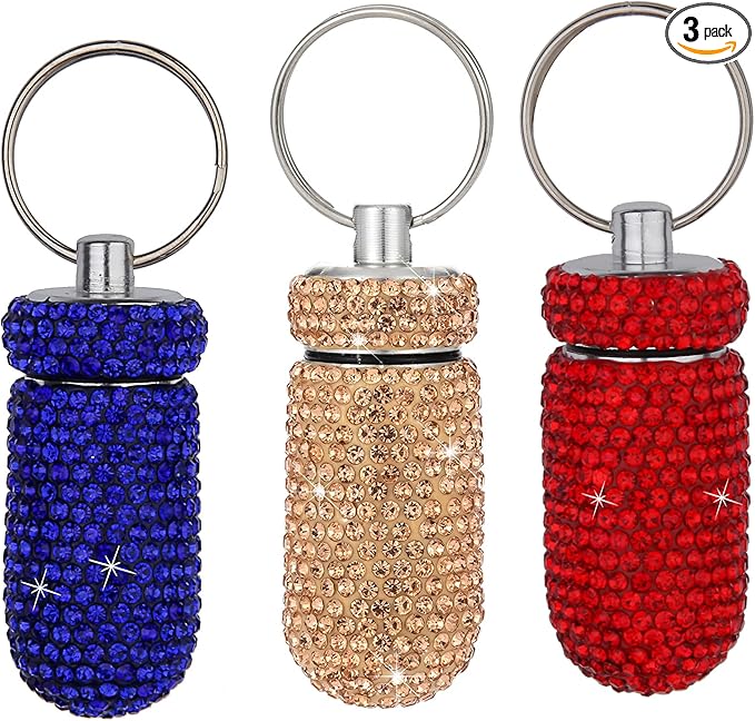 3PCS Bling Crystal Rhinestone Portable Pill Case Pill Container Waterproof Pill Holder with Keychain Glitter Travel Pill Box Small Medicine Dispenser Bottle Storage for Outdoor Camping Travel,16