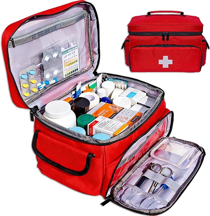 First Aid Bag Empty 12" x 9" x 7" Medical Bag Red Pill Bottle Organizer Portable Emergency Bag Travel Medicine Kit Storage Case First Aid Box for Car, Home, Office, Dorm, Outdoor (Small)