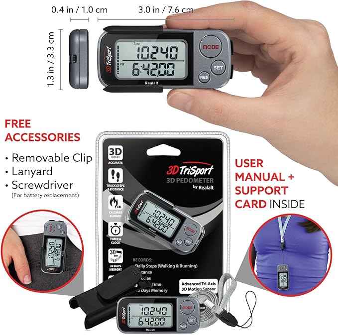 Realalt 3DTriSport 3D Walking Pedometer with Clip & Strap, Accurate Step Counter with 30-Day Memory, Distance in Miles/KM with Large Display Perfect for Seniors & Beginners, eBook Included