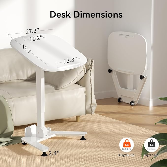Foldable Pneumatic Height Adjustable Mobile Standing Desk with 90° Tiltable Tabletop, 27.2x18.9 Inch Portable Laptop Desk with Wheels, Holds Up to 66.1lbs for Home Office, Study, White