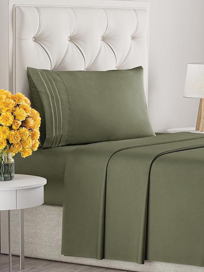 Twin Size 3 Piece Sheet Set - Extra Soft, Breathable & Cooling Sheets - Hotel Luxury Durable Bed Sheets for Women & Men - Deep Pockets, Easy-Fit & Wrinkle-Free Sheets - Deep Olive Oeko-Tex Bed Sheets