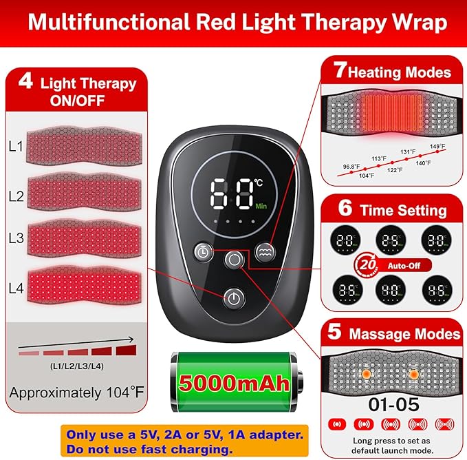 Red Light Therapy Belt for Body - Cordless 660nm&850nm Infrared Light Therapy Device with Vibration Pulse Timer, Heating Pad Wrap for Back Shoulder Waist Muscle Pain Relief at Home Office Travel