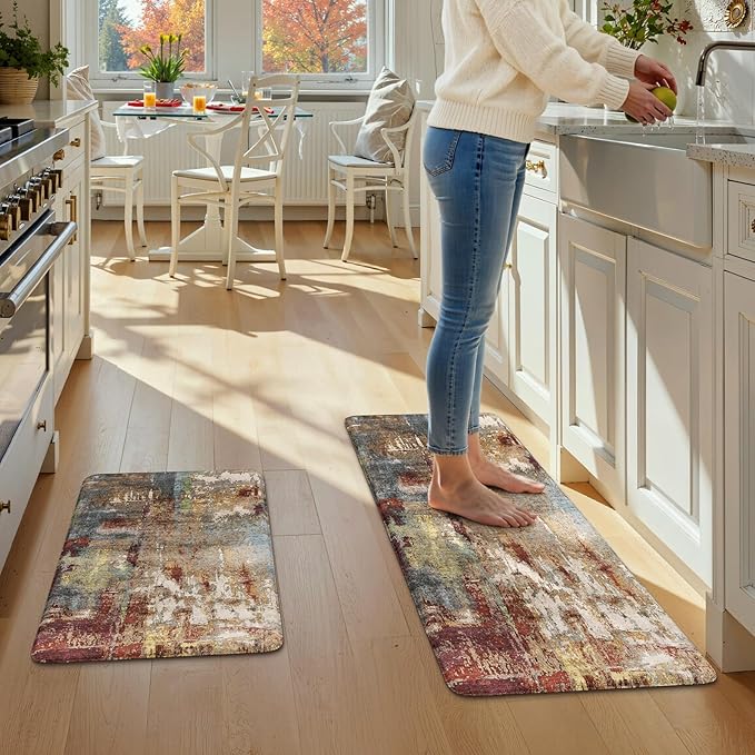 LEEVAN Kitchen Mats Cushioned Anti Fatigue Sets of 2,Non Slip Waterproof Kitchen Mats for Floor,Memory Foam Comfort Abstract Red Kitchen Floor Mat for Sink,Laundry,Home,Office,Desk(20"x31"+20"x47")