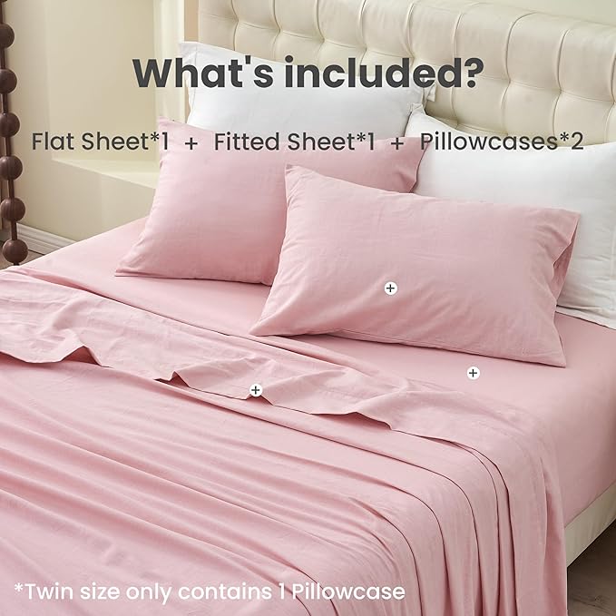 Simple&Opulence Belgian Linen Sheet Set Solid Color - 3 Pieces (1 Flat Sheet & 1 Fitted Sheet & 1 Pillowcase) Natural Flax Cotton Blend Soft Bedding Breathable Farmhouse - Pale Pink, Twin Size