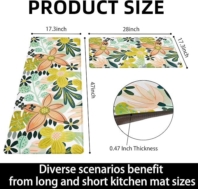 Boho Floral Kitchen Mats Rugs Sets of 2 Cushioned Anti Fatigue Floor Mat Foam Comfort Kitchen Rugs Farmhouse Style Non Slip Waterproof Mid Century Botanical Standing Mat for Sink Laundry