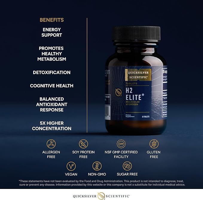 Quicksilver Scientific H2 Elite - Molecular Hydrogen for Energy + Metabolism Support, Water Tablets Perfect for Open Containers - Magnesium Malate Drink Additive (30 Molecular Hydrogen Tablets)