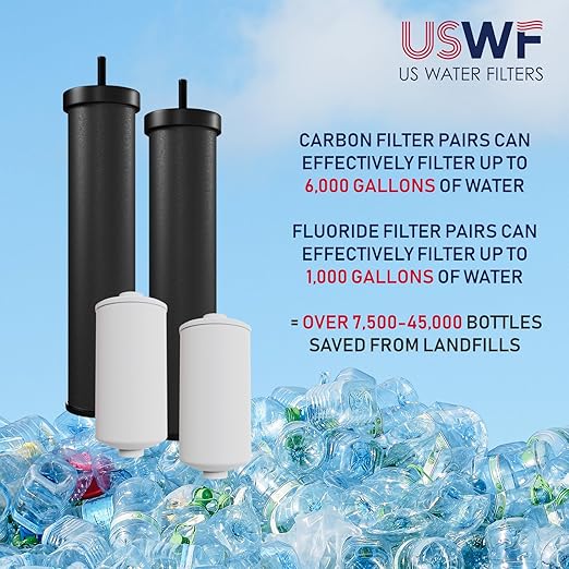 USWF Gravity Fed Water Filter System, 2.25 Gal Stainless Steel, w/ 2 Carbon Filters, 2 Fluoride Filters, Portable w/Metal Sight Glass Spigot & Stand, NSF/ANSI 372 Certified