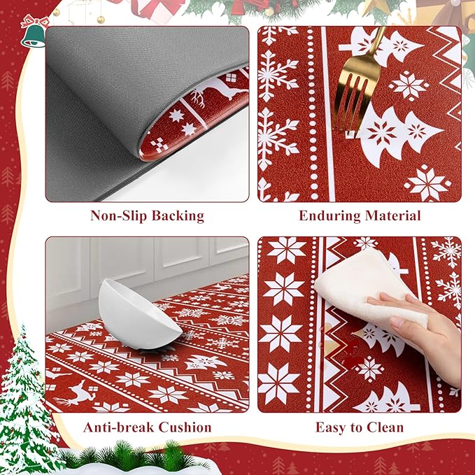 SHACOS Christmas Kitchen Rugs Set of 2 Anti-Fatigue Kitchen Mats Cushioned Red Mats White Deer Snowflakes Christmas Trees Boho Style Kitchen Mats and Rugs for Xmas 17x27.5+17x47, Boho Red