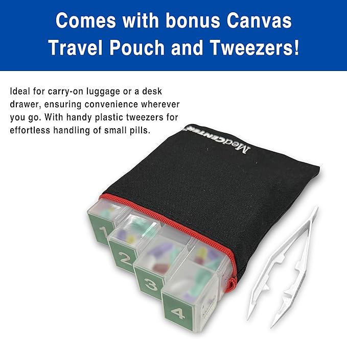 MedCenter 31-Day HSA/FSA Low Profile Pill Organizer with Travel Pouch & Tweezers – Monthly Medication Management System with Daily Labeled Pill Boxes for Home & Travel Use