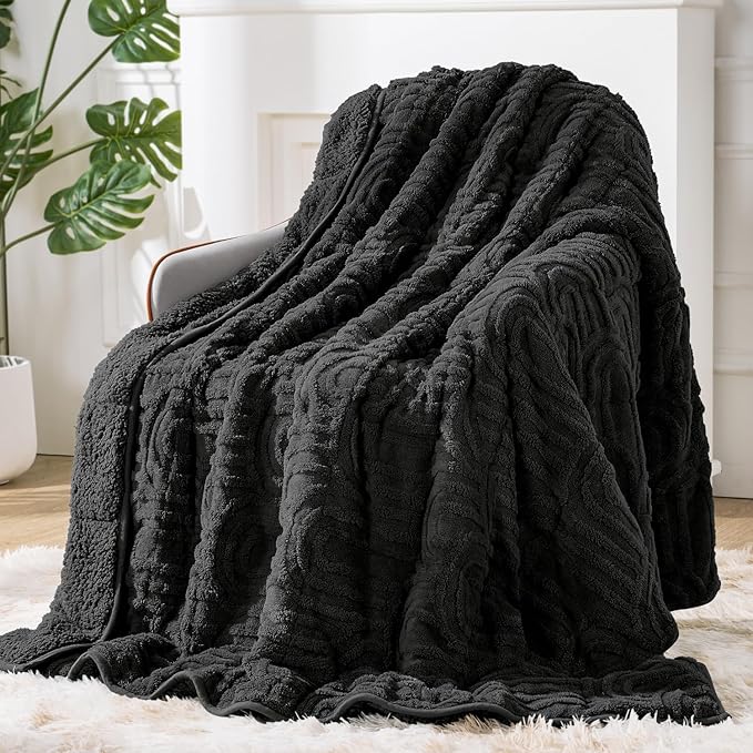 Sherpa Fleece Adult Weighted Blanket Great for Sleep, 20 lbs Dual Sided Soft Fuzzy Heavy Blankets for Couch Bed Sofa, Cozy Warm Fluffy Arched Jacquard Throw for Winter (Black, 60" x 80", 20 Pounds)
