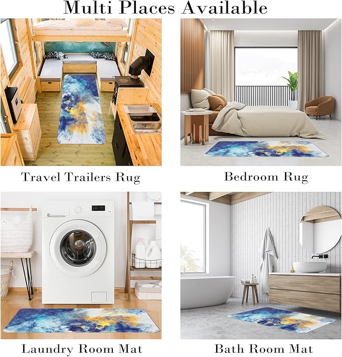 2 Pieces Kitchen Rugs, Abstract Anti Fatigue Non Slip Foam Cushioned Bright Yellow Royal Blue Modern Comfort Indoor Floor Mat Runner Rug Set for Laundry Office Sink Bathroom (17"X48"+17"X24")