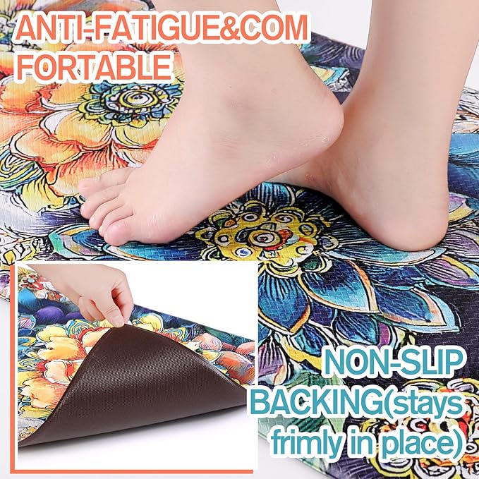 Dunzy 3 Pcs Spring Boho Floral Anti Fatigue Kitchen Mats for Floor Vintage Floral Cushioned Foam Mat Non Slip Waterproof Standing Rug Set for Sink Laundry Home, 17" x 29" 17" x 47" 17" x 59"(Boho)