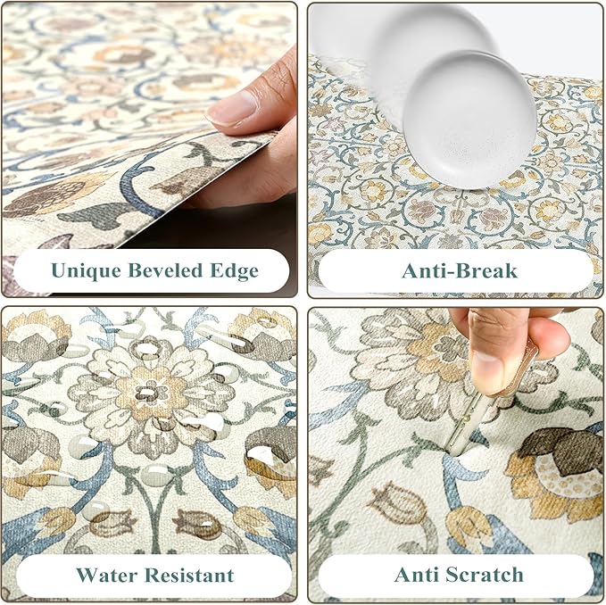 KIMODE Anti Fatigue Mats for Kitchen Floor Non Slip,Farmhouse Floral Sink Rug Waterproof for Laundry,Memory Foam Ergonomic Cushioned Carpet for Office,Beige/Blue 17.3"x28"