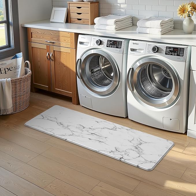 Marble White Kitchen Mats for Floor Anti Fatigue Mats for Kitchen Floor Kitchen Rugs Abstract Art Decorative Cushioned Non Slip Waterproof Mats for Office Bedroom Laundry, 17.3"x 47"